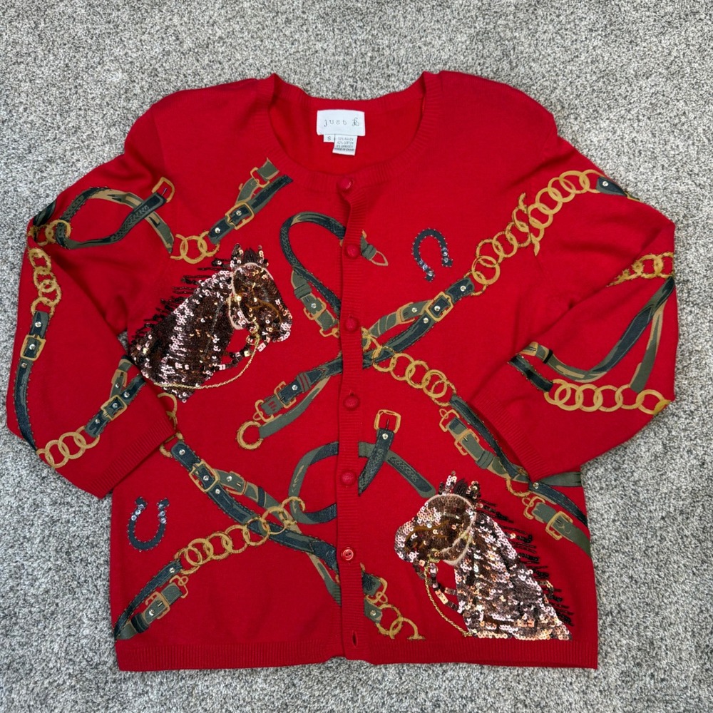 Just B Red Equestrian Horse Sequin Cardigan Sweater Womens Small Novelty Knit